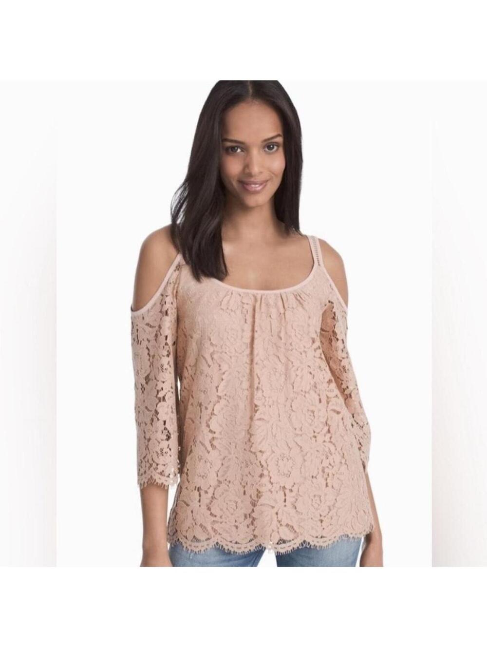 White House Black Market Women's Blush Pink Lace Cold Shoulder Blouse Size S